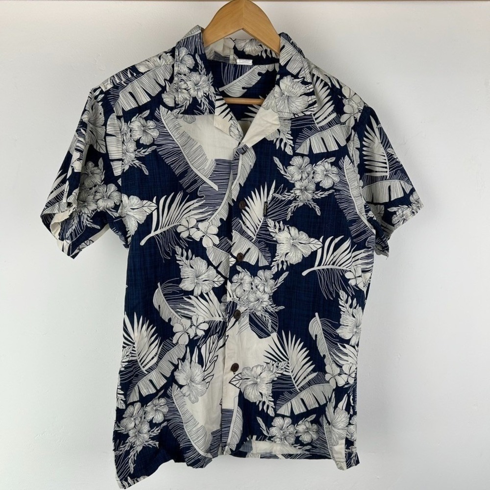 Vintage Hawaiian Button Up Shirt Short Sleeve Blue White Mens Small 100% Cotton